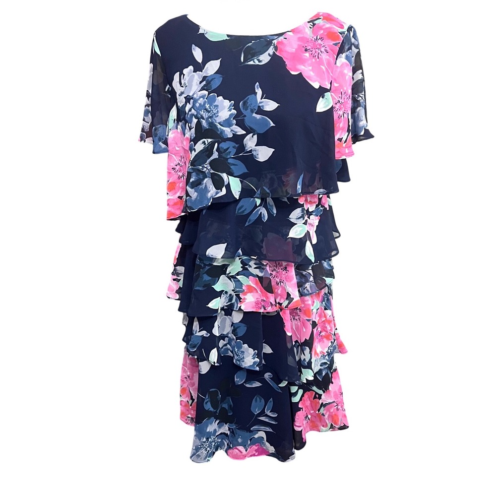 Jessica Howard Navy Pink Floral Tiered Ruffle Chiffon Dress Tummy Camouflage 12